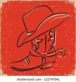 Cowboy boot and western hat .Scetch illustration on red background