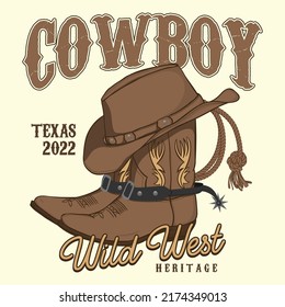 Cowboy boot with western hat  typography vector design. Texas Wild West Heritage Western Vintage Graphic. T-shirt or poster design with illustration of cowboy.