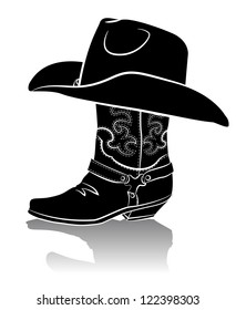 Cowboy boot and western hat.Black graphic image on white background