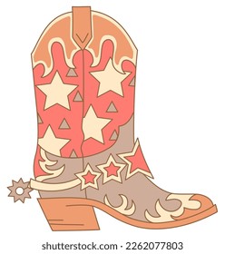 Cowboy boot western stars decoration. Vector colors illustration of Cowboy boot with leather stars decor printable outline style design. Cowgirl boots isolated on white for print.