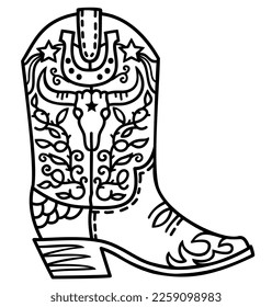 Cowboy boot with Wild West decoration vector illustration. Vector American cowboy boot with bull skull and horseshoe decor black white graphic design isolated on white for coloring book or print.