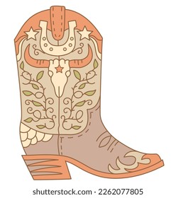 Cowboy boot with Wild West decoration vector color illustration. Vector American cowboy boot with bull skull and horseshoe decor design isolated on white for print or design.