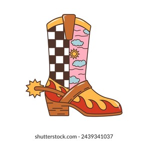 Cowboy boot Wild west western groovy item. Isolated vector footwear, feature high, angled heel, pointed toe, spur and ornate designs, embodying rugged durability and American ranch frontier spirit