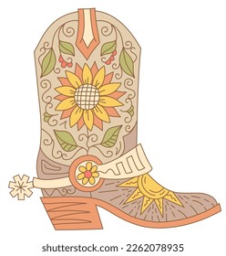 Cowboy boot with yellow sunfloral decoration. Vector hand drawn illustration of Cowboy boot with sunflowers decor printable outline style design. Cowgirl boots with floral decor