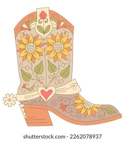 Cowboy boot with yellow sunflowers decoration. Vector hand drawn illustration of Cowboy boot with sunflowers decor printable outline style design. Cowgirl boots with floral decor