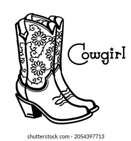 Cowboy boots with American traditional ornate and flowers decoration. Cowgirl boots with text vector illustration isolated on white for print
