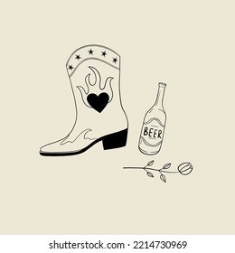 Botas de vaquero, cerveza y rosa. Conjunto de elementos salvajes del oeste. Ilustración vectorial de color dibujada a mano. Los elementos son insolventes