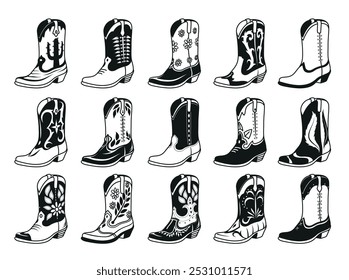 Cowboy boots black monochrome silhouette different design set isometric vector illustration. Elegant leather footwear with small heels wild west ornament floral and cactus pattern fashion retro style