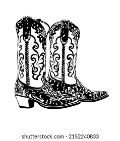 Cowboy boots black and white monochrome graphic. Hand drawn vector illustration isolated on white background. Wild West concept.