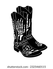 Cowboy boots black and white monochrome graphic. Cowgirl boots stylized with scull and skeleton hands decoration vector illustration isolated on white background. Wild West concept.