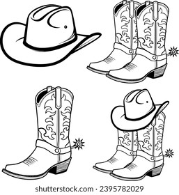 Cowboy Boots Bundle, Cowboy Boots Hand-Drawn, Cowboy Hat, Western Boots, Boots Silhouette, Rodeo, Ranch, Cowboy Hat, cowgirl boot svg