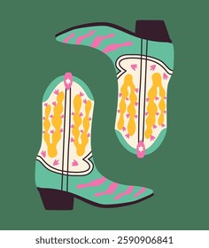 Cowboy boots with cactus and flower. Hand drawn quirky vector illustration for poster, card, t shirt.