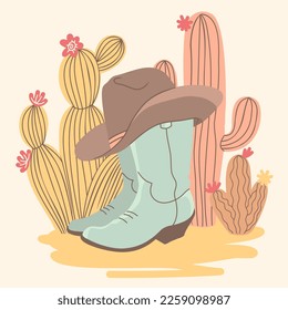 Cowboy boots and cactuses vector American Countryside illustration. Vintage Western color illustration cowboy boots and hat in tender colors style. Vector Country farm cowboy symbol.