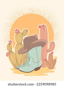 Cowboy boots and cactuses vector on American Countryside sun landscape illustration. Vintage Western color illustration cowboy boots and hat in tender colors style. Vector Country farm cowboy symbol.