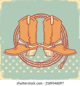 Tarjeta de botas de vaquero. Ilustración dibujada a mano vectorial con botas de vaquero del país y lazo en el fondo de textura de papel antiguo.