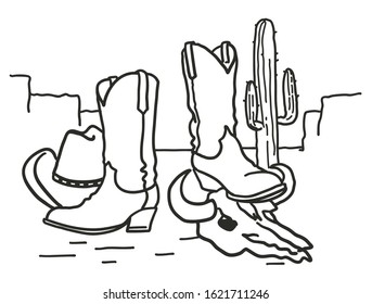 Cowboy boots and cow skull. Wild West Arizona desert landscape with cactus. Vector Western black hand drawn cut file illustration 