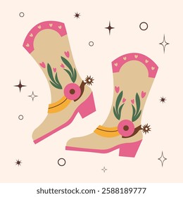 Cowboy boots. Different ornaments. Wild West Clipart icons. Hand drawn colored Vector set. Elements are isolated .Cowboy western theme, wild west, Texas. Sheriff Horse Ranch . Hand drawn illustration