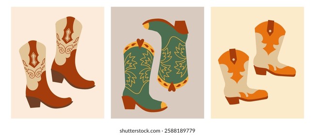 Cowboy boots. Different ornaments. Wild West Clipart icons. Hand drawn colored Vector set. Elements are isolated .Cowboy western theme, wild west, Texas. Sheriff Horse Ranch . Hand drawn illustration