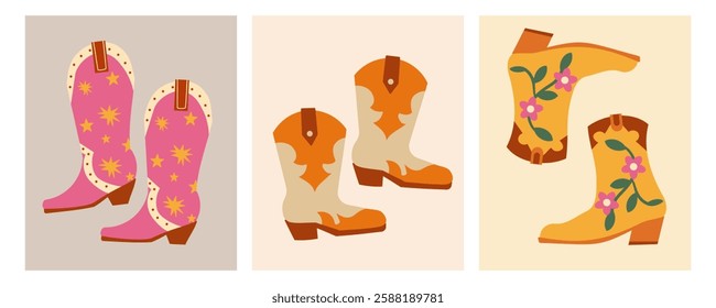 Cowboy boots. Different ornaments. Wild West Clipart icons. Hand drawn colored Vector set. Elements are isolated .Cowboy western theme, wild west, Texas. Sheriff Horse Ranch . Hand drawn illustration