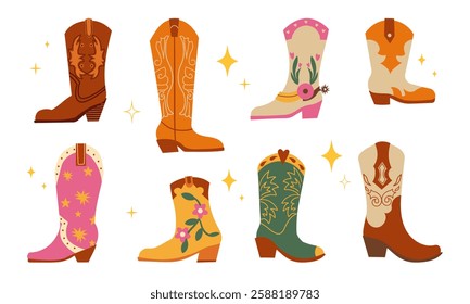 Cowboy boots. Different ornaments. Wild West Clipart icons. Hand drawn colored Vector set. Elements are isolated .Cowboy western theme, wild west, Texas. Sheriff Horse Ranch . Hand drawn illustration