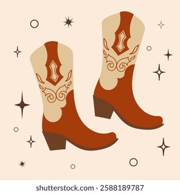 Cowboy boots. Different ornaments. Wild West Clipart icons. Hand drawn colored Vector set. Elements are isolated .Cowboy western theme, wild west, Texas. Sheriff Horse Ranch . Hand drawn illustration