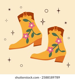 Cowboy boots. Different ornaments. Wild West Clipart icons. Hand drawn colored Vector set. Elements are isolated .Cowboy western theme, wild west, Texas. Sheriff Horse Ranch . Hand drawn illustration