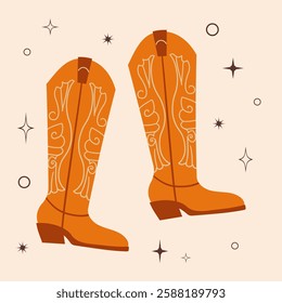 Cowboy boots. Different ornaments. Wild West Clipart icons. Hand drawn colored Vector set. Elements are isolated .Cowboy western theme, wild west, Texas. Sheriff Horse Ranch . Hand drawn illustration