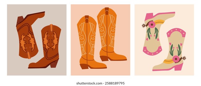 Cowboy boots. Different ornaments. Wild West Clipart icons. Hand drawn colored Vector set. Elements are isolated .Cowboy western theme, wild west, Texas. Sheriff Horse Ranch . Hand drawn illustration