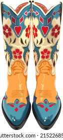 Cowboy boots embroidered with colorful yellow, blue and red decorative floral elements. Hand drawn vector illustration. Vintage style cowgirl boots.