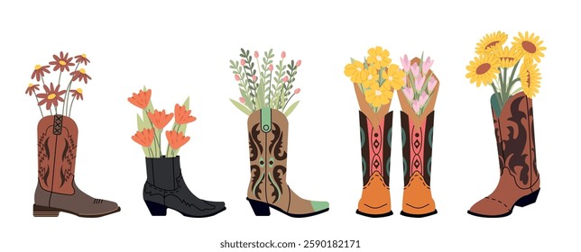 Cowboy boots with floral bouquets inside. Different flowers, tulips chamomile sunflowers. Garden decorations, brutal boot and flower, vector set