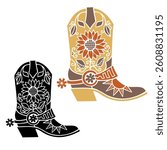 Cowboy boots floral decor. Vector printable graphic illustration of Cowboy boot with sunflowers decor black silhouette Country Cowgirl design.
Cowgirl wild west boots for print or coloring book.