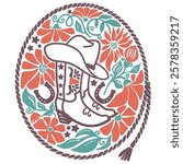 Cowboy boots with floral decoration and rope frame. Vector wild west colors illustration 