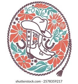 Cowboy boots with floral decoration and rope frame. Vector wild west colors illustration 