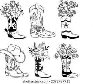  Cowboy Boots With Flower, Cowgirl Boots, Western, Rodeo, Ranch, Western Bundle, Floral, Western Country svg