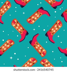 Cowboy boots with flowers and hearts on vibrant blue background, seamless pattern. Cute festive repeat pattern. Bright colorful vector design.