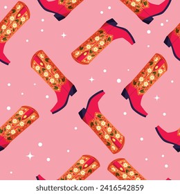 Cowboy boots with flowers and hearts on vibrant pink background, seamless pattern. Cute festive repeat pattern. Bright colorful vector design.