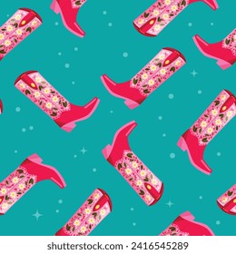 Cowboy boots with flowers and hearts on vibrant blue background, seamless pattern. Cute festive repeat pattern. Bright colorful vector design.