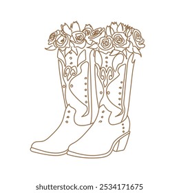 Cowboy boots with flowers roses vector illustration. Cowboy boots and floral decoration. Brown sketch isolated on white for design, greeting cards, print. Outline vector hand drawn.