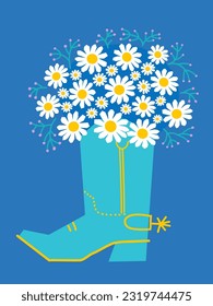 Cowboy boots and flowers. Vector cowboy boot and fresh chamomile bouquete on blue background. Country decoration for design