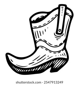 Cowboy boots hand drawn doodle. Riding shoes. Wild west, western. Ranch. Traditional leather clothing. Vector line art illustration.