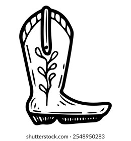 Cowboy boots hand drawn doodle. Riding shoes. Wild west, western. Ranch. Traditional leather clothing. Vector line art illustration.