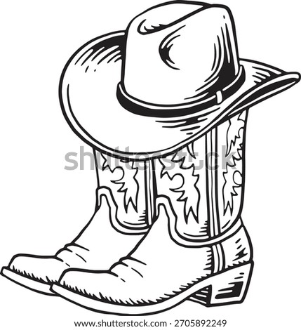 Cowboy Boots and Hat Black and White Vector Western Illustration