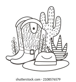 Cowboy Boots, Hat And Cacti. Coloring Page Or Coloring Book. Cartoon Vector Illustration.