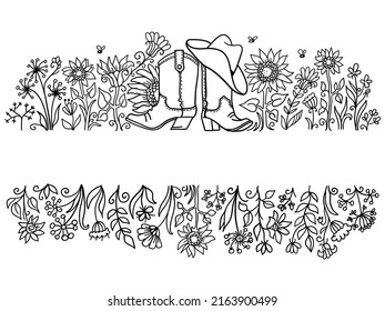 Cowboy boots and cowboy hat Country farm vector frame illustration with flowers decor background for design, print. Hand drawing vector background.