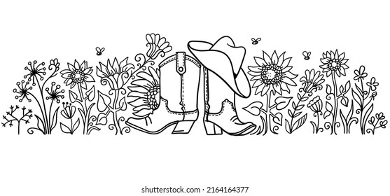 Cowboy Boots And Cowboy Hat Country Farm Vector Illustration With Flowers Decor Background For Design, Print. Hand Drawing Vector Background.
