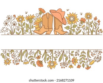 Botas de vaquero y sombrero de vaquero Country Granja colores ilustración de cuadro vectorial con fondo de decoración de flores para diseño, impresión. Fondo vectorial de dibujo manual.