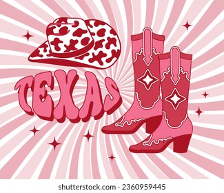 Cowboystiefel und Cowboyhut mit Kuhdruck. Rosa Stiefel im Western-Stil und Texas-Text auf Retro-Hintergrund. Vektorgrafik