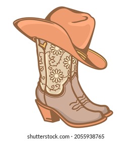 Cowboy boots and cowboy hat. Cowgirl boots vector vintage color illustration on old paper background for text