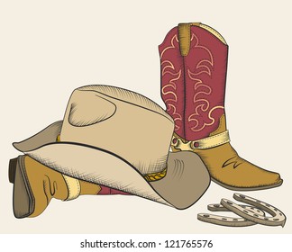 Cowboy boots and hat for design.American western elements