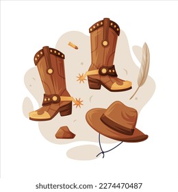 Cowboy Boots, Hat and Feather as Wild West Object Vector Composition